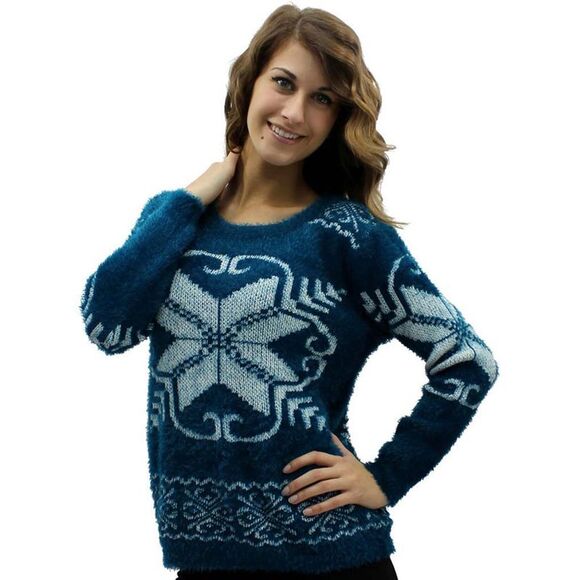 Snowflake Pattern Fuzzy Eyelash Knit Sweater - Picture 7 of 8